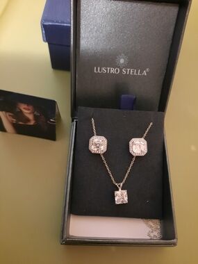 Solid Sterling Silver CZ Princess Cut Necklace Halo Stud Earrings Gift Set 🎁